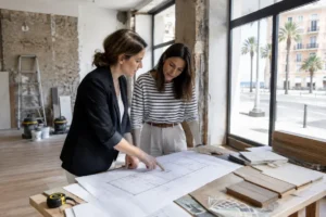 architecte et commerçant préparant les travaux d agencement boutique nice dans un espace commercial en rénovation