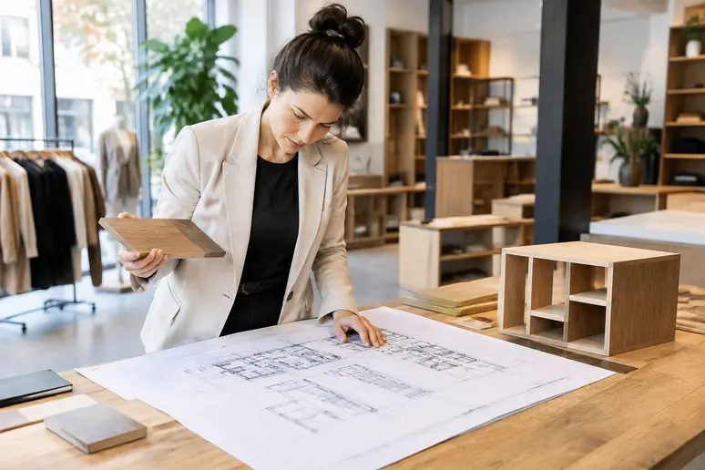 Architecte examinant des plans d'agencement de magasin pour un projet commercial à Monaco