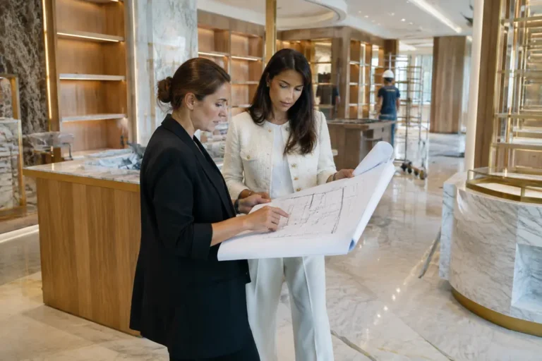 Architectes planifiant l'agencement magasin Monaco dans une boutique de luxe en cours de rénovation