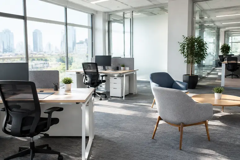 Mobilier professionnel installé dans un espace ouvert pour un aménagement de bureau à Nice.