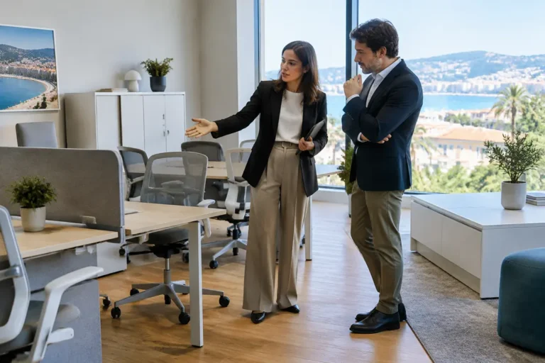 Aménagement bureau Nice moderne avec mobilier ergonomique et lumineux dans un espace professionnel