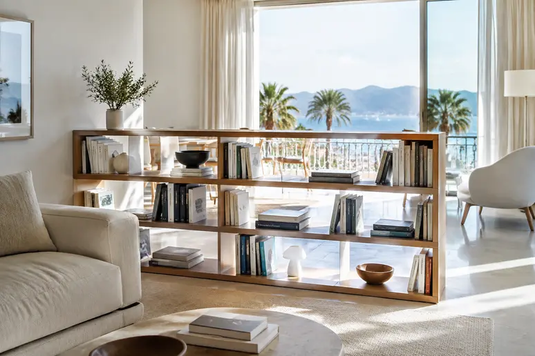 Bibliothèque basse ajourée structurant l'espace d'un appartement traversant lumineux