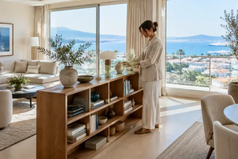 amenager appartement traversant cannes avec une bibliothèque basse lumineuse séparant les espaces de vie