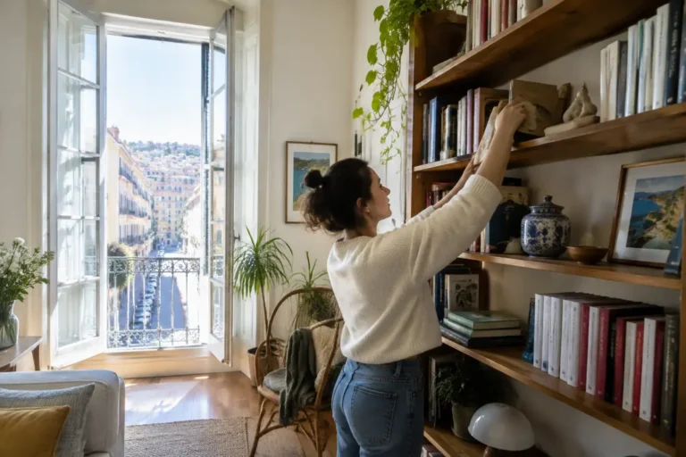 Jeune femme optimisant le rangement pour aménager petit appartement Nice lumineux avec hauteur sous plafond