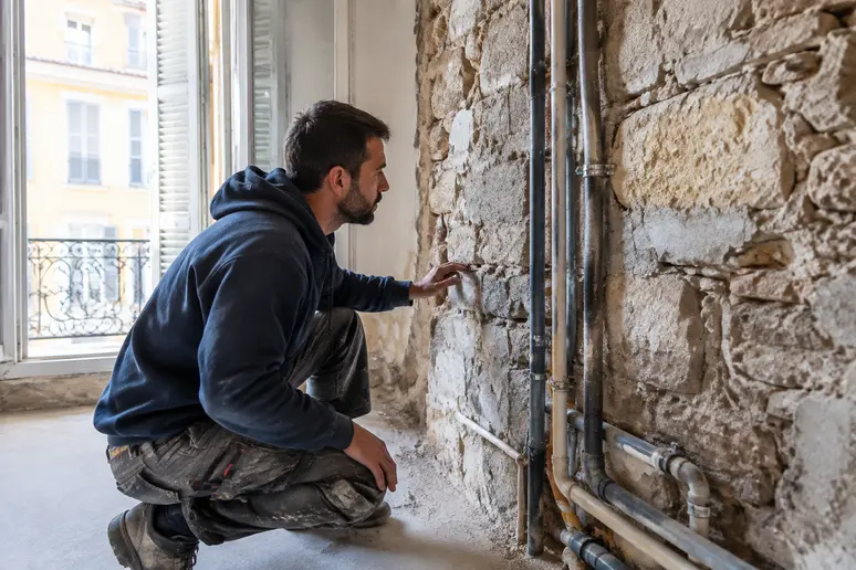 Ouvrier inspectant les murs et les réseaux lors d'une rénovation d'appartement niçois ancien