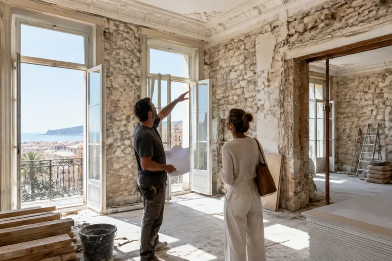 Un entrepreneur et un propriétaire discutent des travaux dans un appartement niçois ancien rénovation.