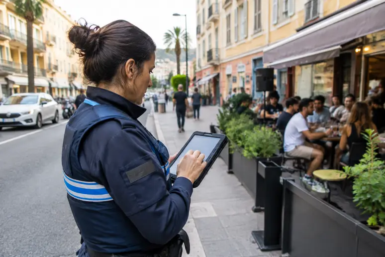 Agent municipal effectuant un contrôle face aux nuisances sonores persistantes dans une rue de Nice