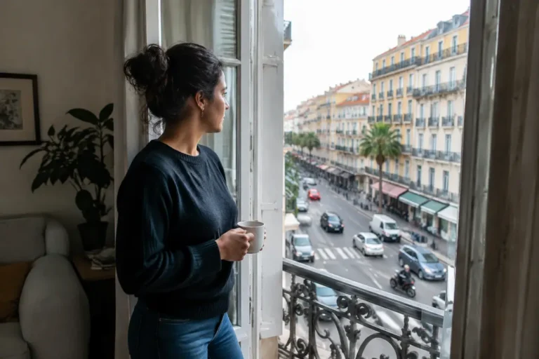 habitant agacé regardant par la fenêtre pour illustrer le bruit rue appartement nice et les nuisances sonores urbaines