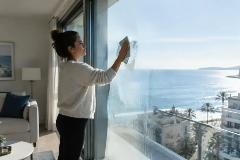 Un résident essuie la buée sur une grande vitre dans un appartement lumineux pour illustrer la condensation appartement Côte d’Azur