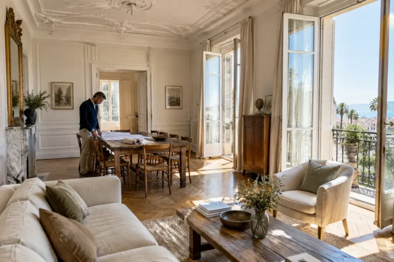 Intérieur lumineux d'un salon rénové avec moulures d'origine pour conserver cachet appartement cannes.