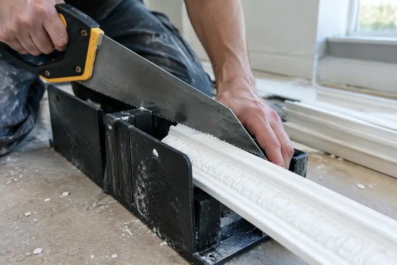 Découpe minutieuse d'une corniche plafond dans une boîte à onglets pour une installation précise