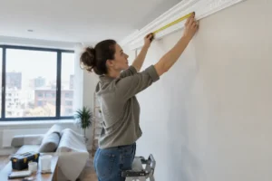 Un artisan pose une corniche plafond moulurée en staff dans un salon en rénovation.