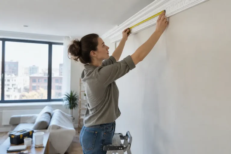 Un artisan pose une corniche plafond moulurée en staff dans un salon en rénovation.