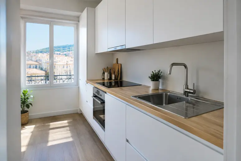 Aménagement d'une cuisine compacte linéaire dans un petit appartement niçois avec des meubles blancs mats.