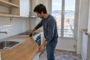 Propriétaire prenant des mesures pour l'aménagement d'une cuisine petit appartement Nice dans un logement lumineux