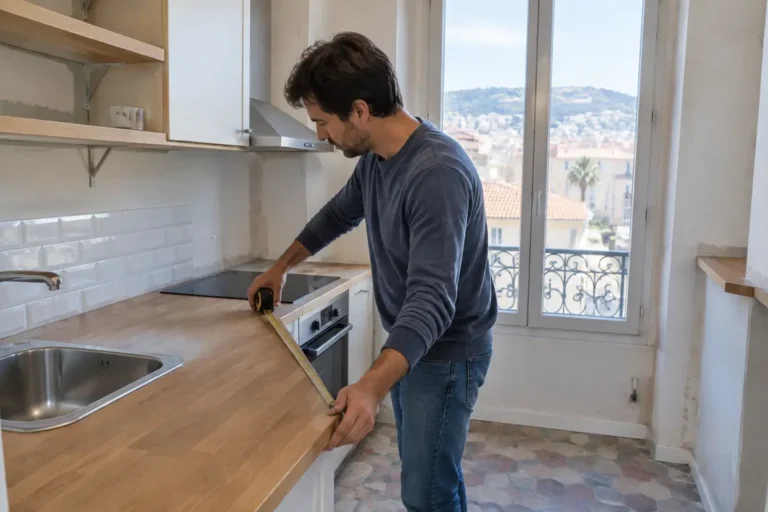 Propriétaire prenant des mesures pour l'aménagement d'une cuisine petit appartement Nice dans un logement lumineux