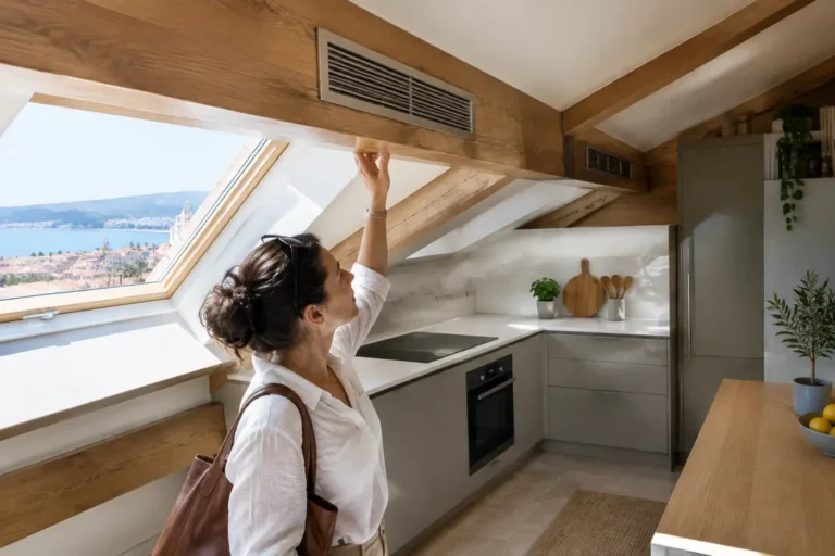 Vue d'une cuisine sous pente appartement nice aménagée sous les combles avec une fenêtre de toit