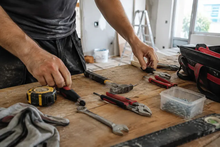Un artisan organise son matériel pour planifier les interventions sonores selon les horaires autorisés.
