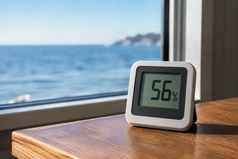 hygromètre numérique posé sur une table mesurant l'humidité appartement bord de mer