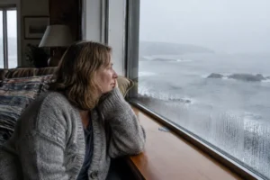 femme regardant par la fenêtre embuée d'un humidite appartement bord de mer par temps gris