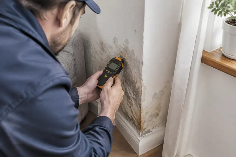 Technicien mesurant le taux d'humidité d'un mur avec un humidimètre digital