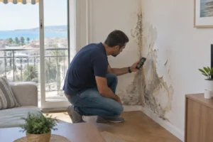 expert en bâtiment inspectant un mur endommagé par l'humidité appartement Nice avec un appareil de mesure