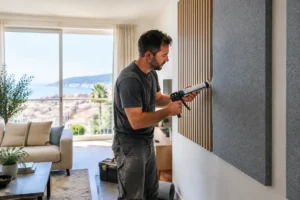 artisan installant des panneaux pour une isolation phonique appartement Nice dans un salon