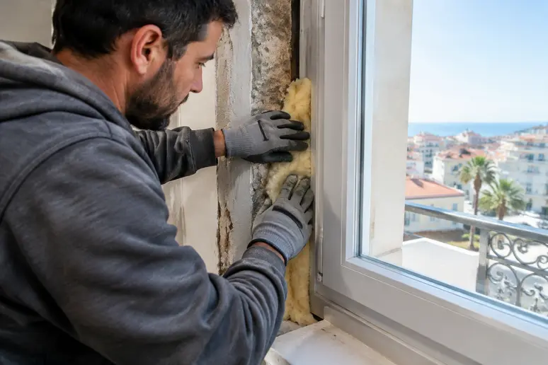 Pose d'un retour d'isolant sur le tableau d'une fenêtre pour l'isolation thermique appartement ancien nice
