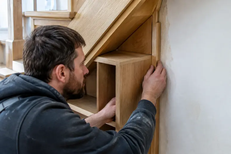 Pose d'un fileur de finition sur un meuble sous escalier sur mesure contre un mur irrégulier