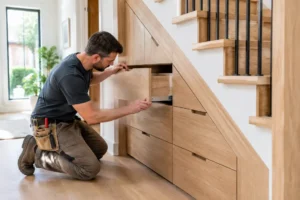 Un menuisier ajuste un meuble sous escalier sur mesure en bois clair dans un intérieur moderne