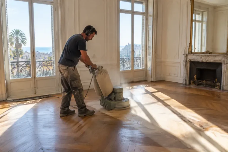 Artisan ponçant un parquet appartement ancien Nice dans un salon lumineux