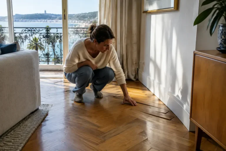 Propriétaire inspectant un parquet humidite appartement cannes gondolé près d'une grande baie vitrée.