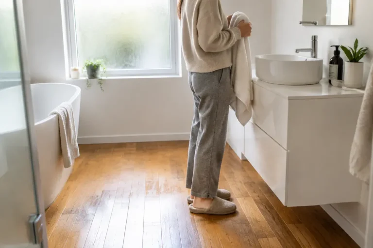 Un sol en parquet salle de bain chaleureux installé dans une pièce lumineuse et moderne