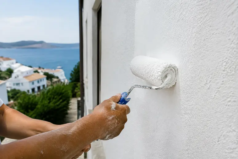 Application d'une peinture de façade microporeuse sur un mur extérieur en bord de mer