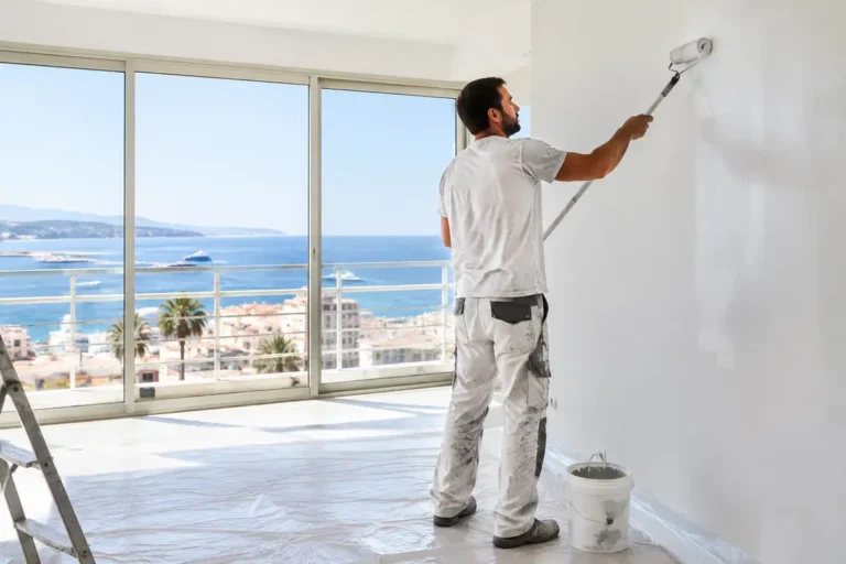 artisan appliquant une peinture de protection blanche en rénovant et peindre appartement bord de mer cannes avec vue sur la mer