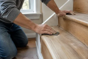 Un artisan prépare les marches avec du papier de verre pour une peinture escalier bois.