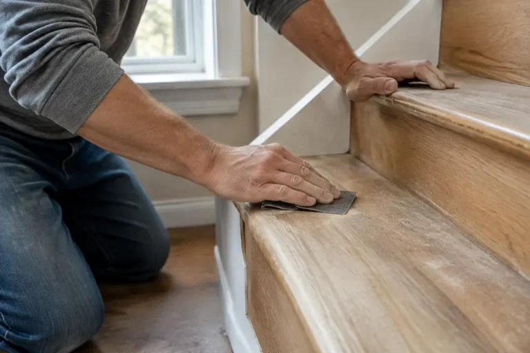 Un artisan prépare les marches avec du papier de verre pour une peinture escalier bois.
