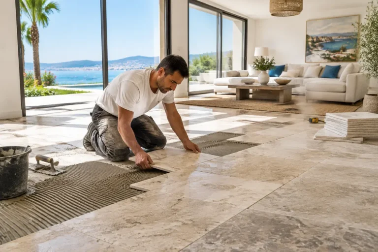 Pose soignée de pierre naturelle interieur cannes dans un salon lumineux