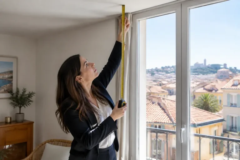 Un agent immobilier mesure la hauteur sous plafond d un plafond bas appartement nice lumineux.