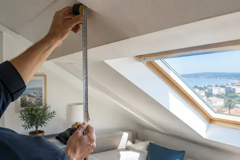 Mesure de la hauteur sous plafond avec un mètre ruban dans un appartement niçois mansardé.