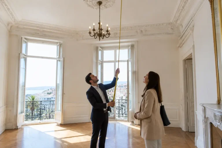 Visite d'un salon avec plafond haut appartement nice lumineux et moulures traditionnelles