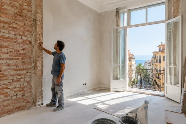 artisan inspectant les murs en cours de renovation appartement nice dans un salon lumineux