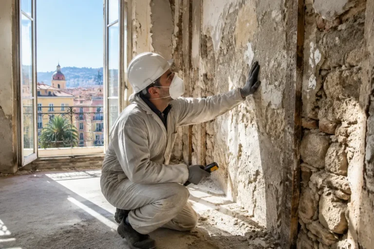 artisan en train de rénover appartement ancien Nice en inspectant un mur