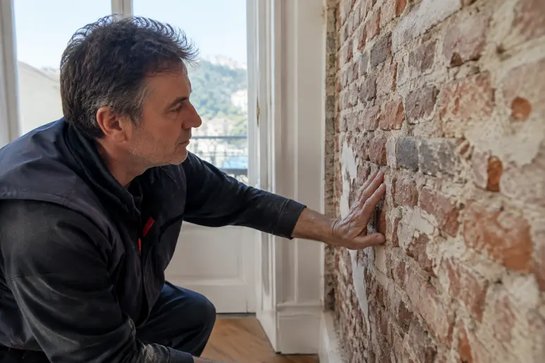 Ouvrier inspectant l'état d'un mur ancien lors de la rénovation appartement bourgeois nice