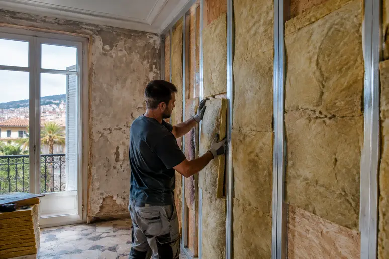 Pose de panneaux d'isolation pour la rénovation énergétique de l'habitat ancien