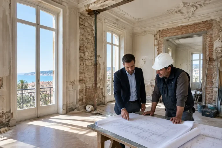 architectes discutant du chantier pour renover appartement bourgeois nice dans un salon lumineux