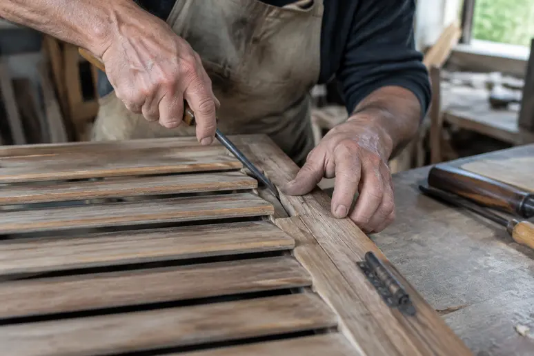 Artisan examinant des persiennes en bois pour rénover des persiennes appartement nice