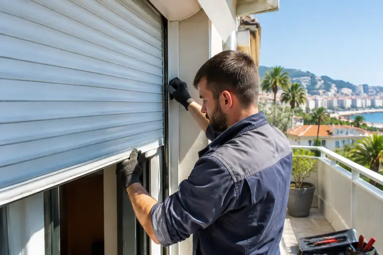 Technicien effectuant un dépannage pour rénover persiennes appartement nice