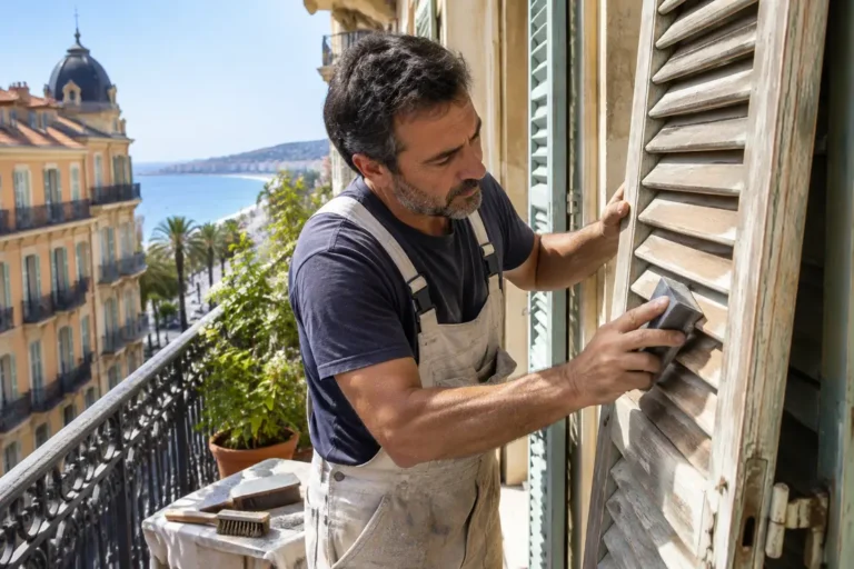 Artisan réparant un volet en bois sur un balcon ensoleillé pour renover persiennes appartement nice