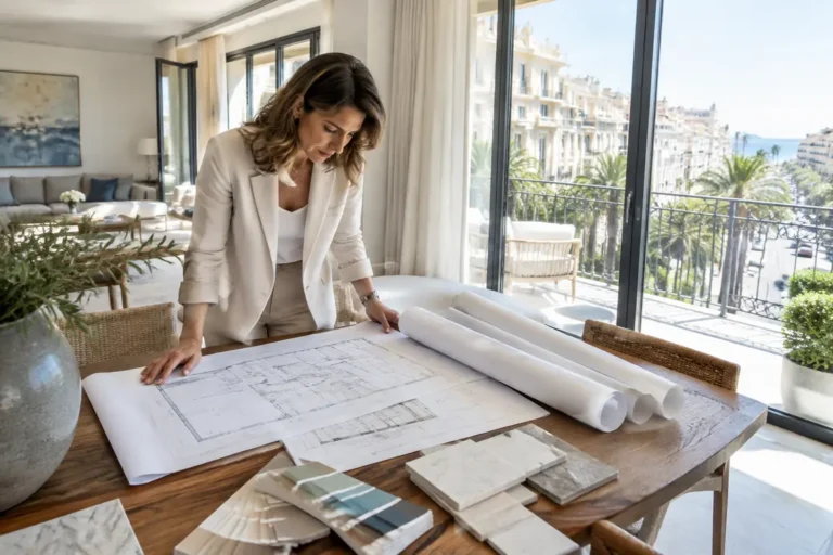 architecte examinant des plans et des échantillons de matériaux pour une residence secondaire cannes renovation interieur
